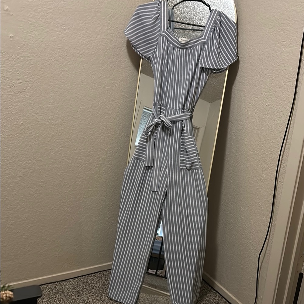 Monteau Gray Jumpsuit with Tailored Fit and Vertical Stripes